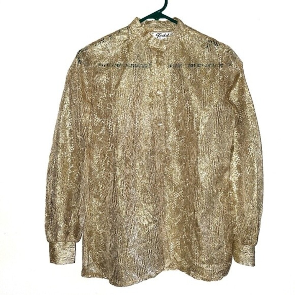 Vintage Gold Metallic & Nylon Deco Button Front Mandarin Collar Semi Sheer Top